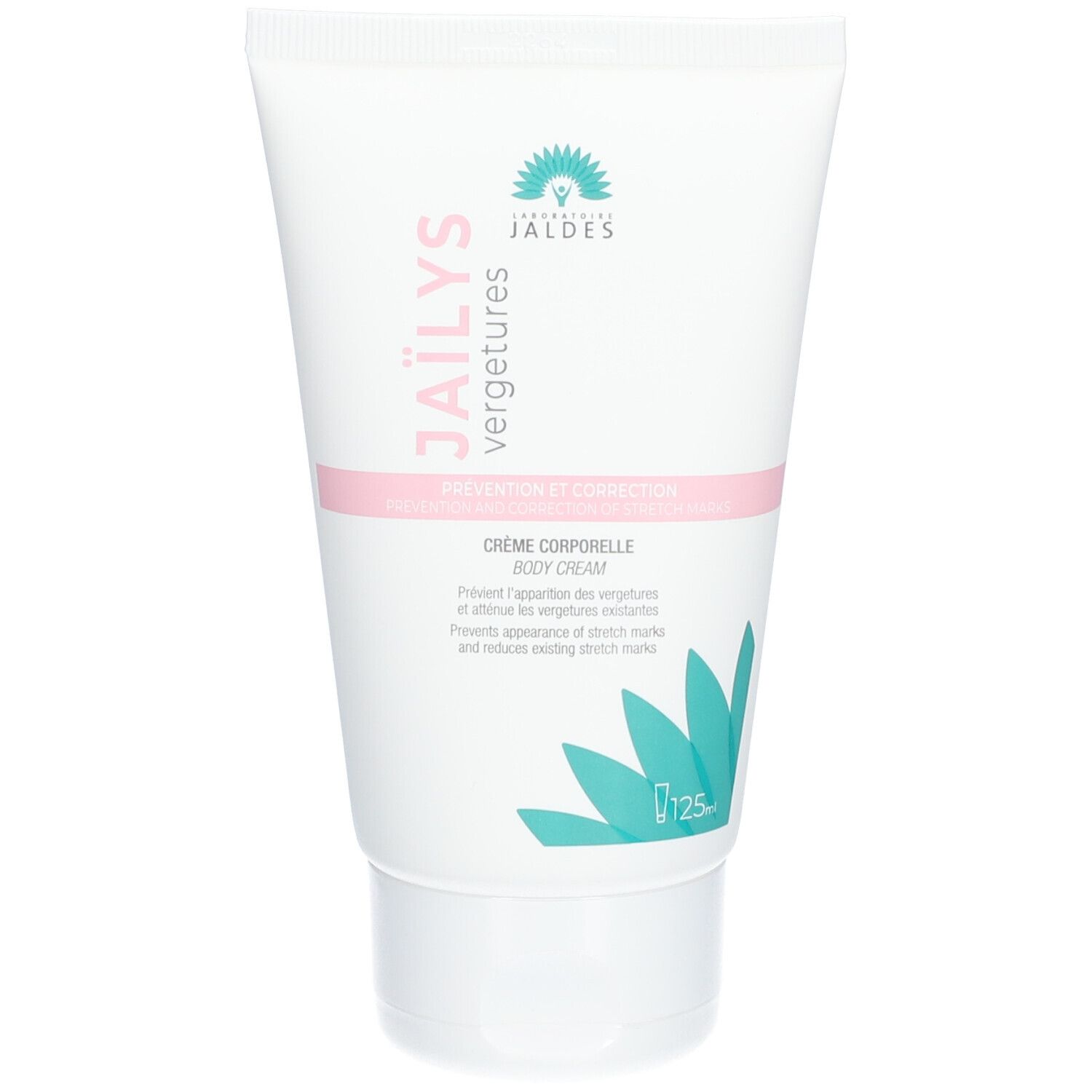 Tube blanc avec texte rose et vert. Contient une crème pour les vergetures. Marque : Jaïlys.