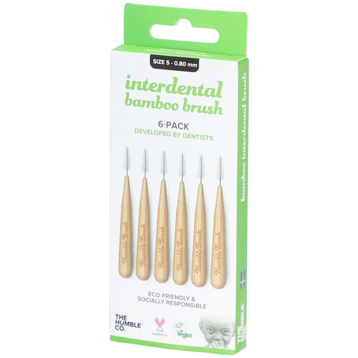 Brosses interdentaires, 6 pièces, 0,8 mm, en emballage. Manche en bambou, tête blanche. Marque : The Humble Co.