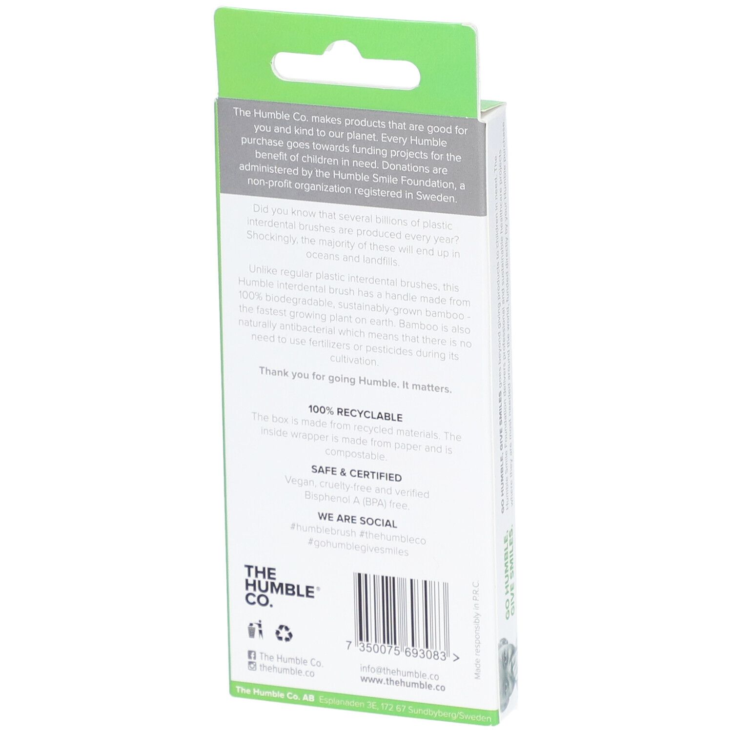 Dos de l'emballage avec informations sur les brosses interdentaires. Marque : The Humble Co. 100% recyclable.