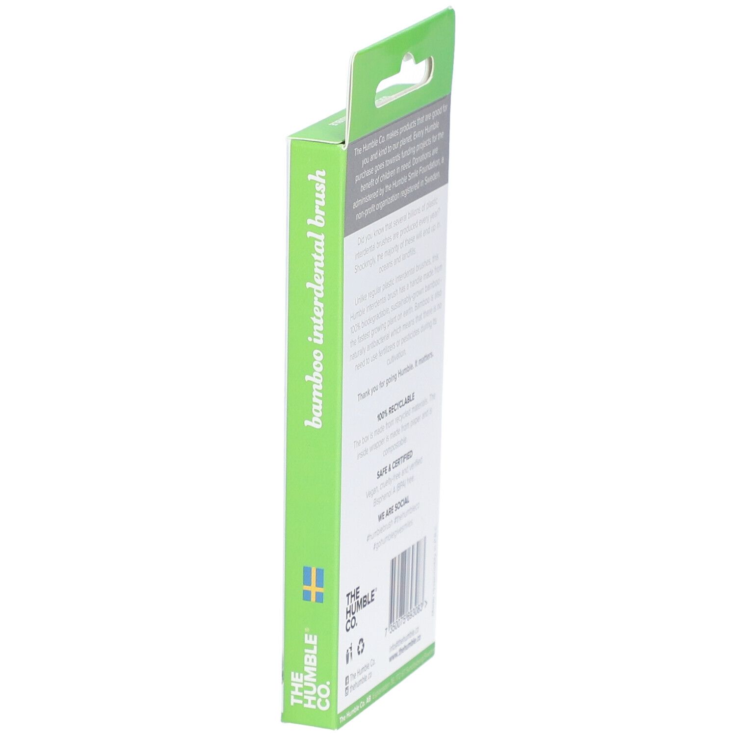Emballage de brosses interdentaires. Vert et blanc. Marque : The Humble Co. 0,8 mm.