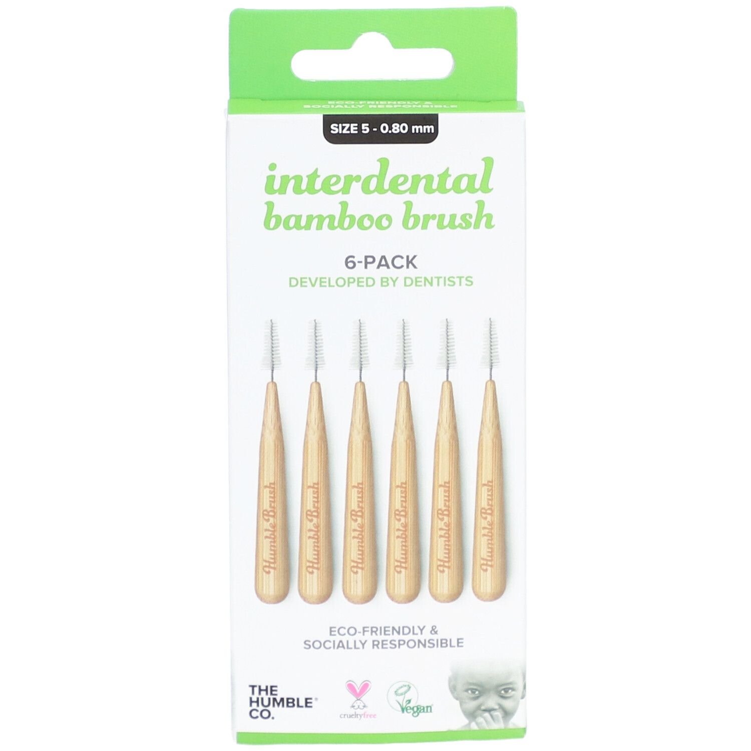Brosses interdentaires, 6 pièces, 0,8 mm. Manche en bambou, tête blanche. Marque : The Humble Co. Vegan.