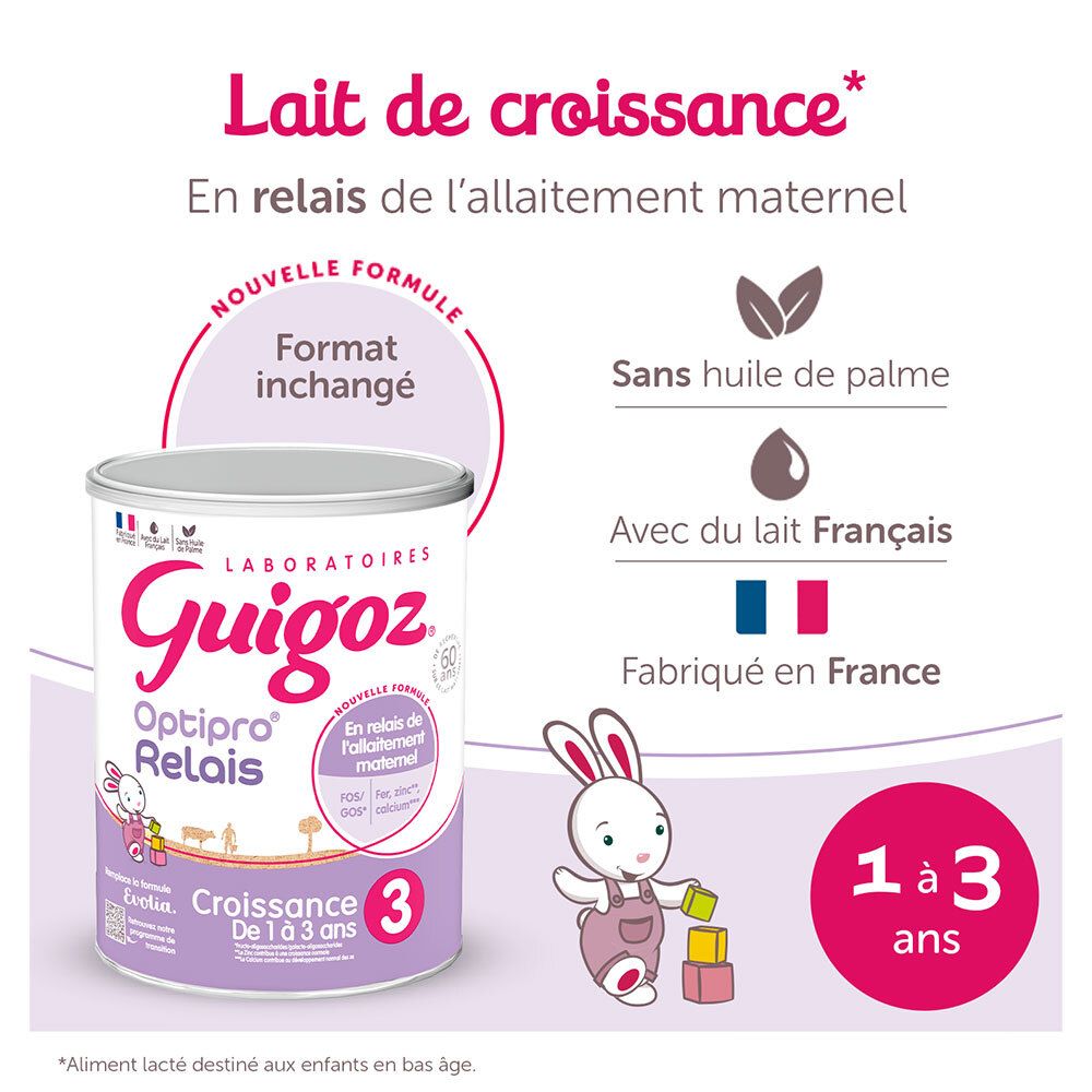 Boîte de lait de croissance Guigoz Optipro Relais 3. Texte : Lait de croissance. En relais de l'allaitement maternel. Logo français.