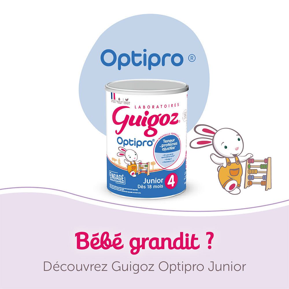 Boîte de lait Guigoz Optipro Junior 4. Texte : Junior Dès 18 mois. Illustration d'un lapin et un boulier.