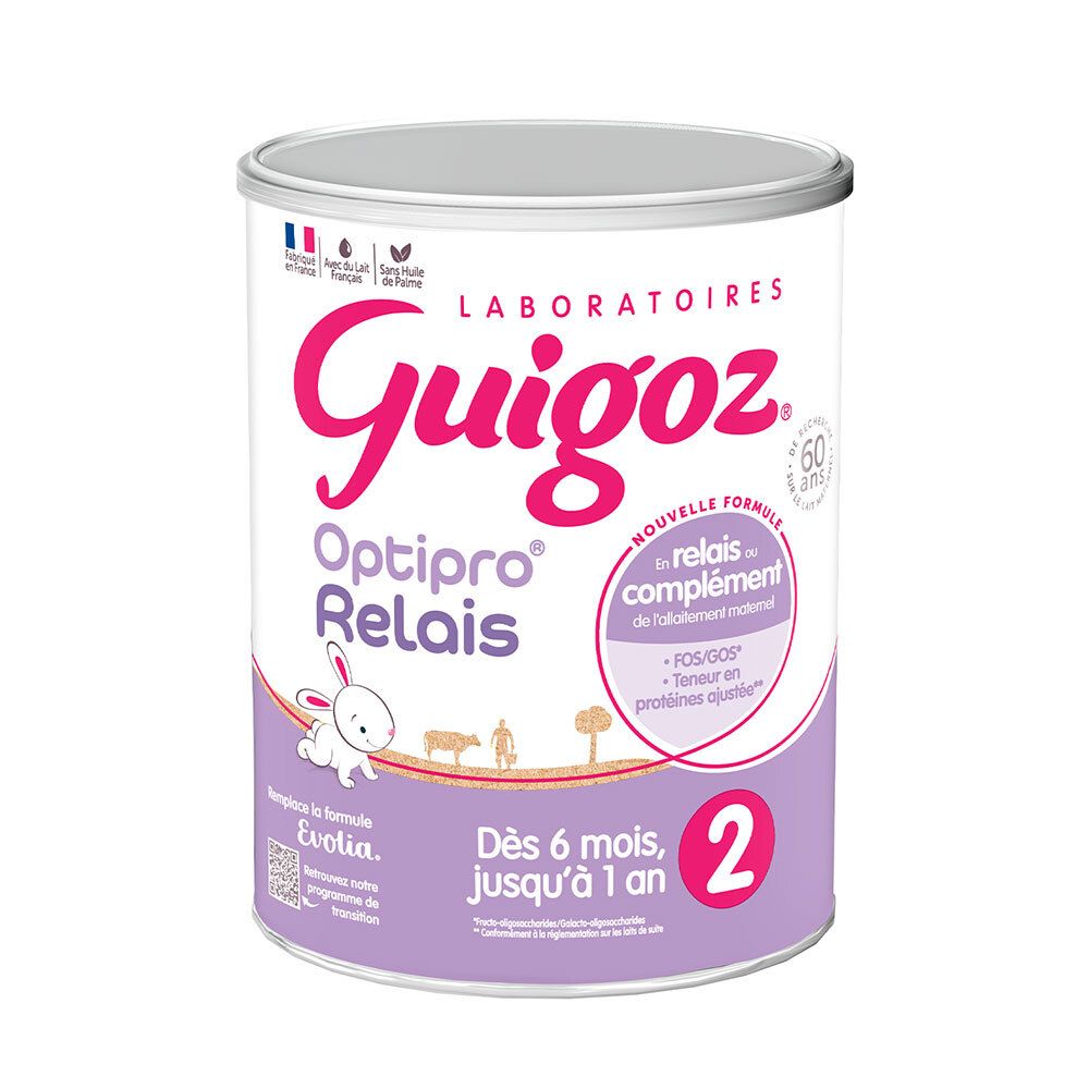 Boîte de lait infantile Guigoz Optipro Relais 2. Contenant blanc et violet. Logo, texte et illustrations.