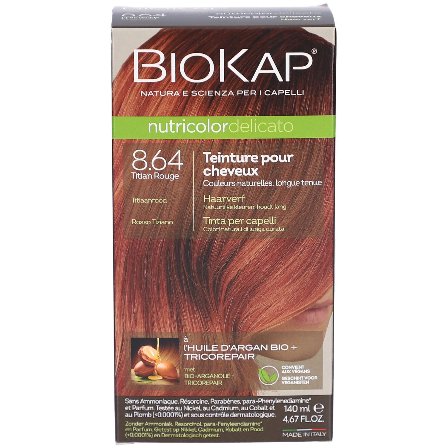 Boîte de teinture capillaire Biokap Nutricolordelicato 8.64 Titian Rouge. Vue de face avec illustration.