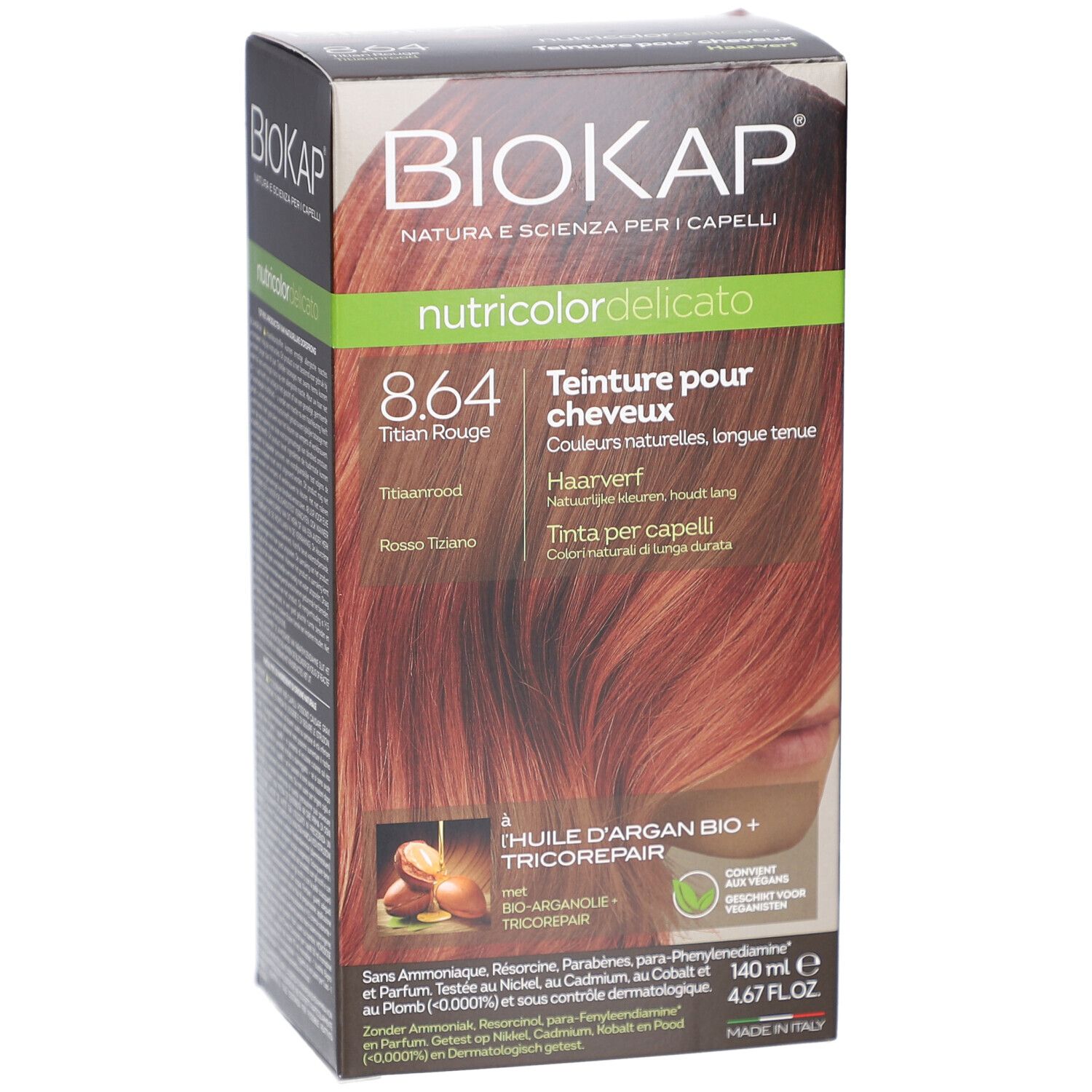 Boîte de teinture capillaire Biokap Nutricolordelicato 8.64 Titian Rouge. Vue de face.