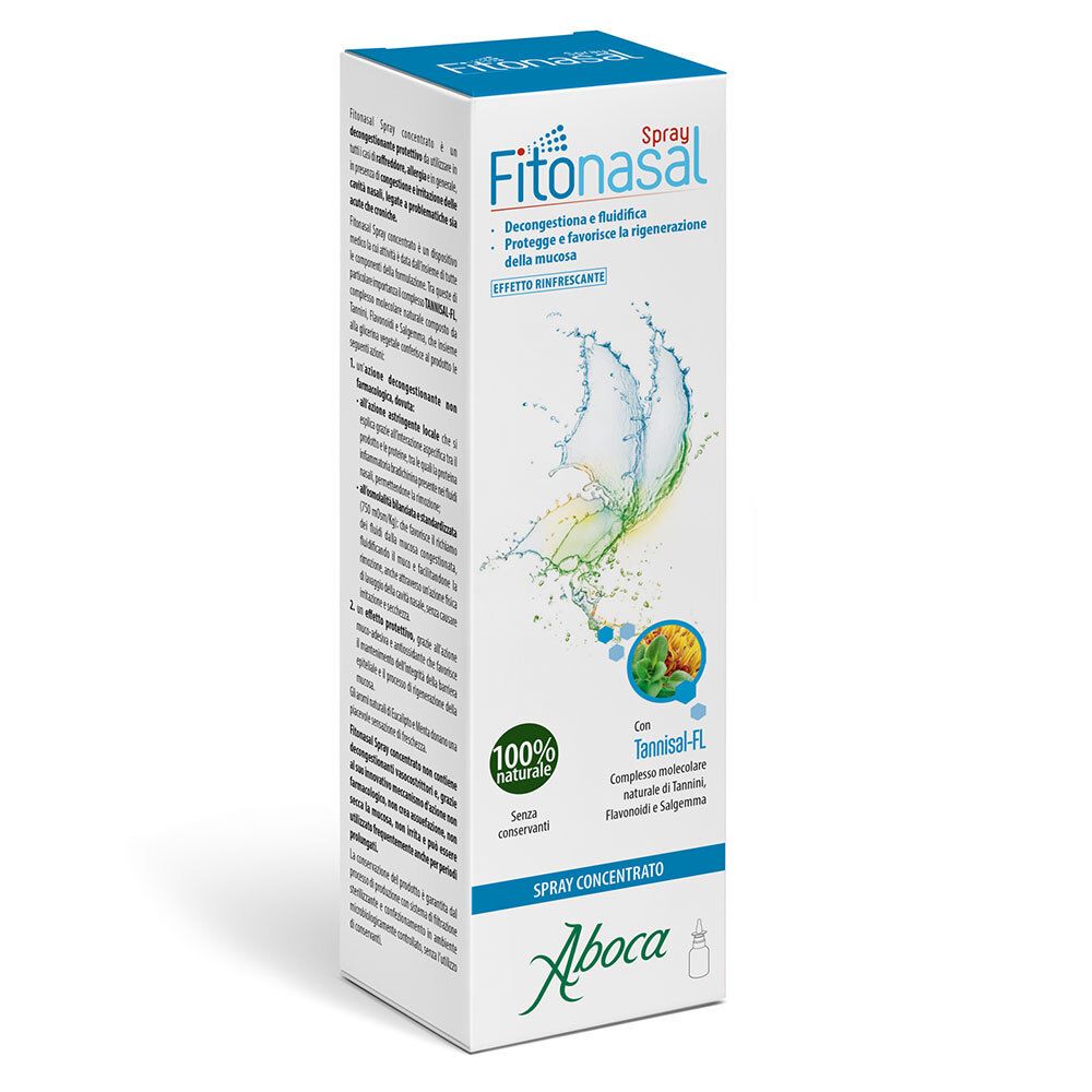 Boîte avec impression du produit. Inscription : Fitonasal Spray, Aboca. 100% naturel.