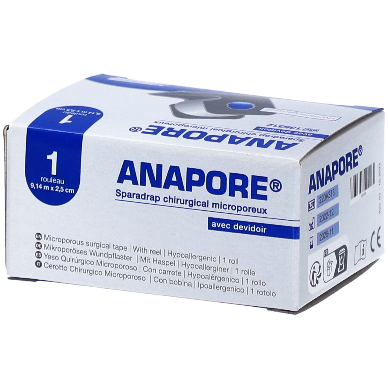 Verpakking van ANAPORE® Sparadrap. Witte doos met blauwe tekst. Bevat 1 rol. Meertalige productbeschrijving.