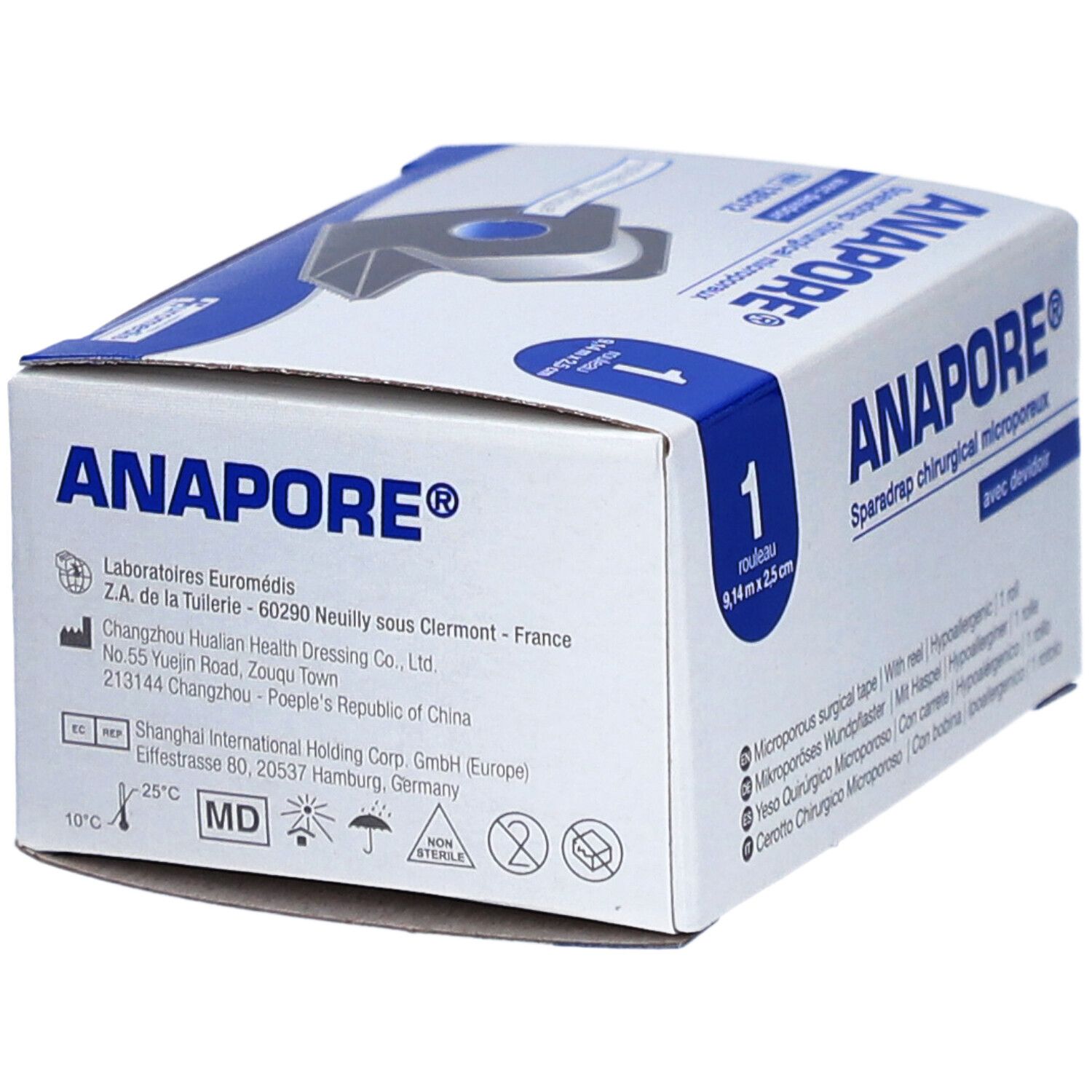 Verpakking van ANAPORE® Sparadrap. Witte doos met blauwe tekst. Bevat 1 rol. Met MD-markering.