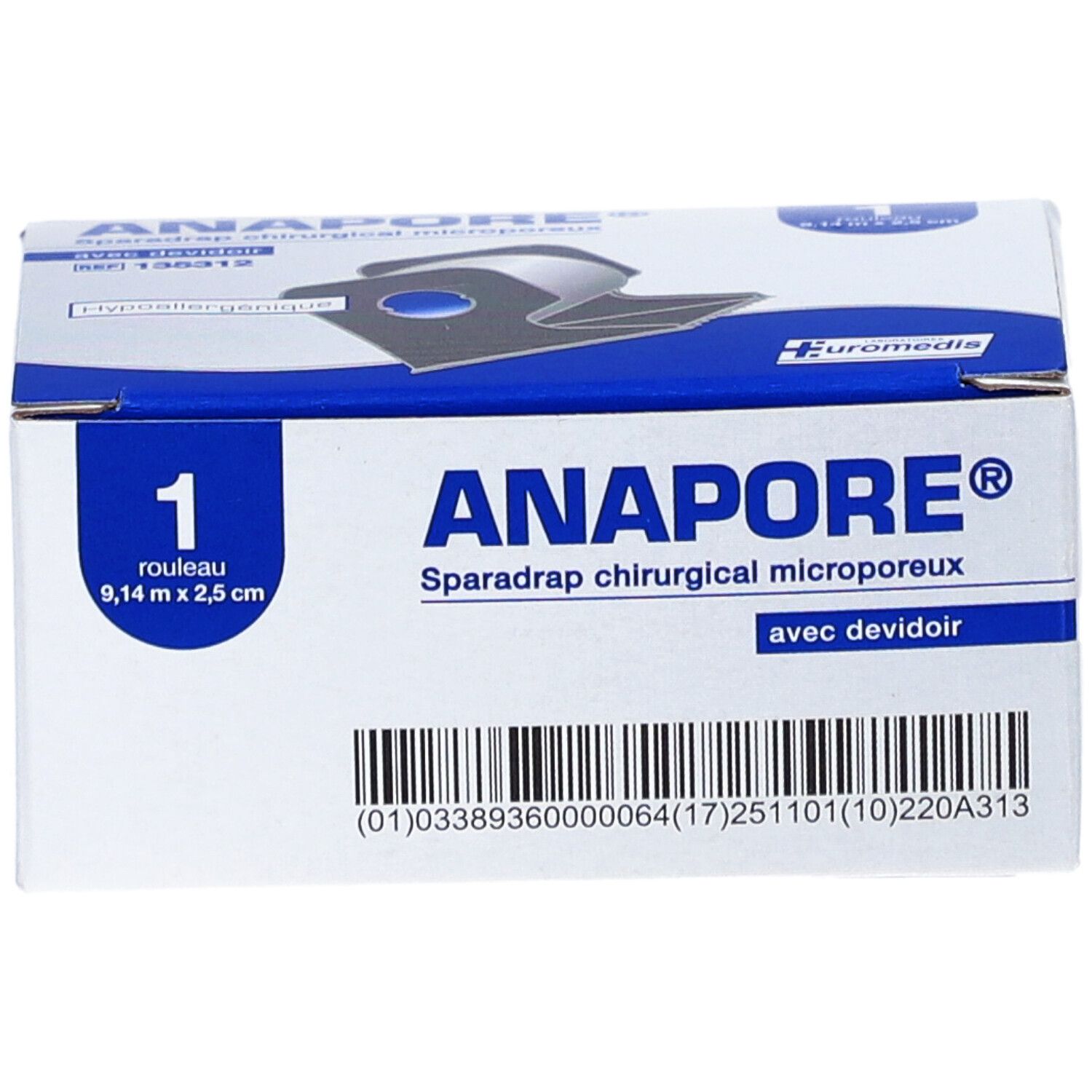 Verpakking van ANAPORE® Sparadrap. Witte doos met blauwe tekst. Bevat 1 rol van 9,14 m x 2,5 cm. Met Euro-logo.