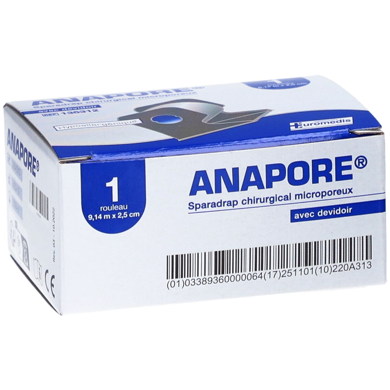 Verpakking van ANAPORE® Sparadrap. Witte doos met blauwe tekst. Bevat 1 rol van 9,14 m x 2,5 cm. Met Euro-logo.