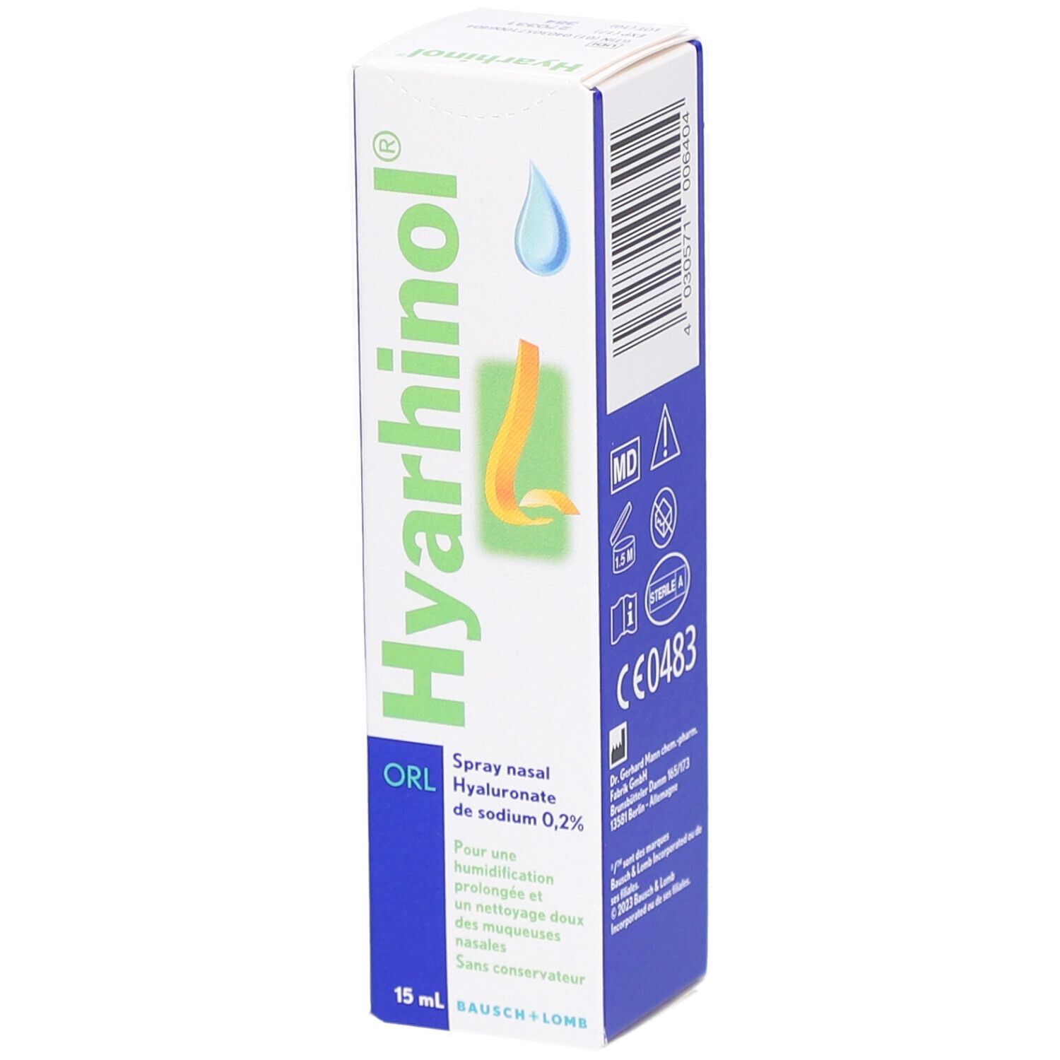 Doosje Hyarhinol ORL Spray Nasal. Opschrift: Spray nasal, Hyaluronate de sodium 0,2%. 15 ml. Logo en CE-markering.