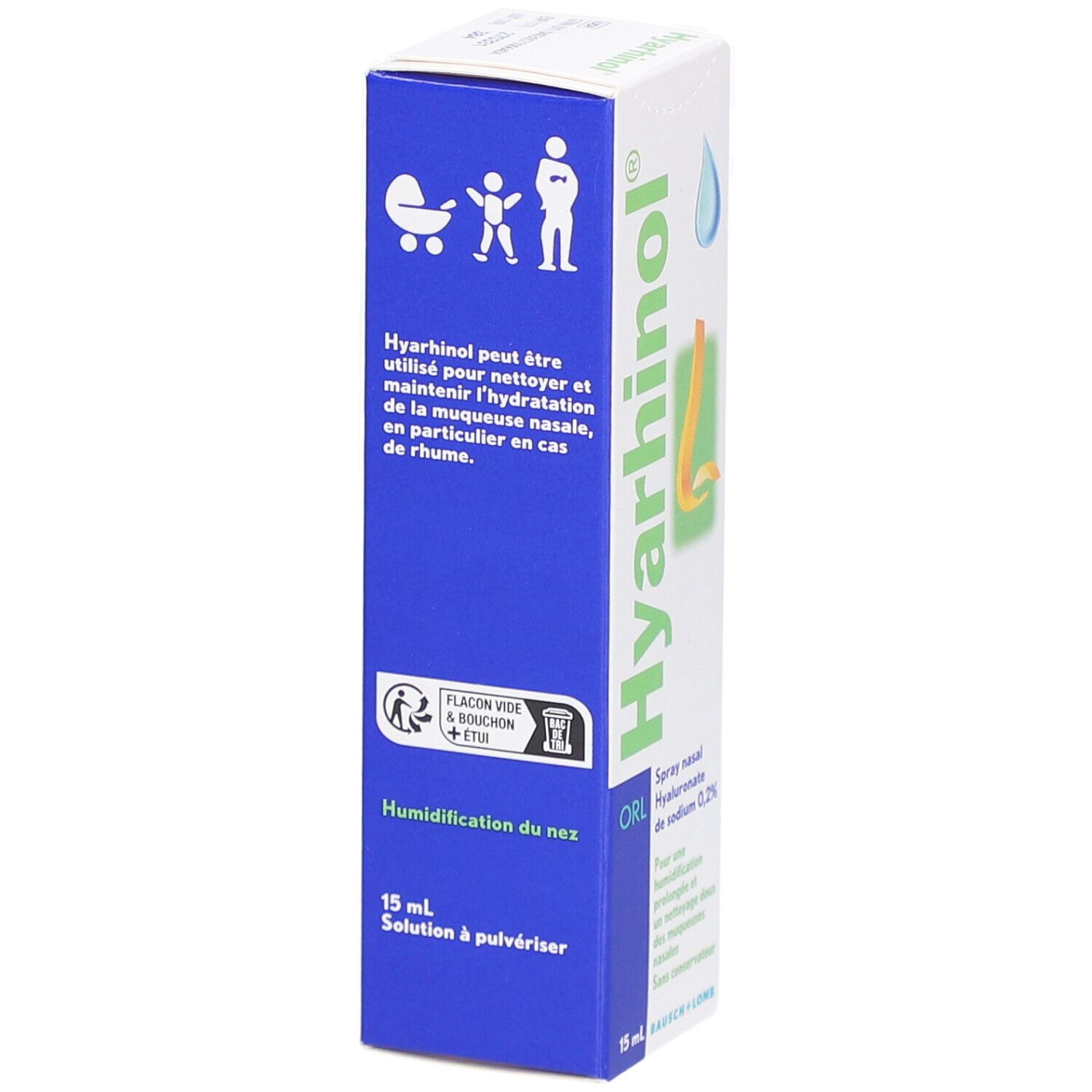 Doosje Hyarhinol ORL Spray Nasal. Tekst: Kan gebruikt worden voor reiniging en hydratatie van het neusslijmvlies. 15 ml. Logo.