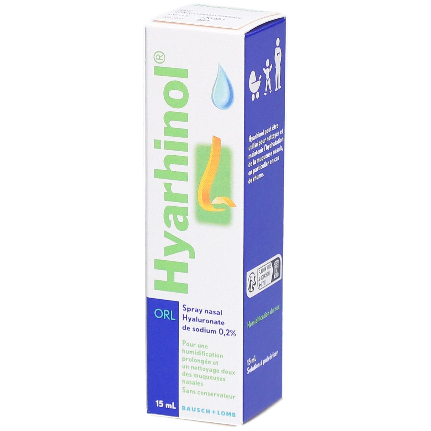 Doosje Hyarhinol ORL Spray Nasal. Tekst: Kan gebruikt worden voor reiniging en hydratatie van het neusslijmvlies. 15 ml. Logo.