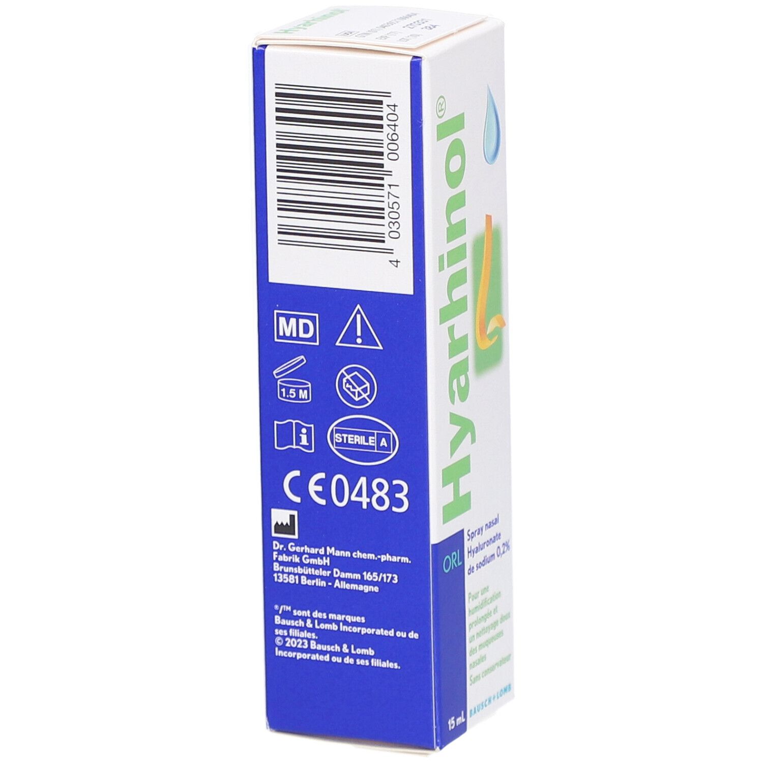 Doosje Hyarhinol ORL Spray Nasal. Opschrift: Spray nasal, Hyaluronate de sodium 0,2%. 15 ml. Logo, CE-markering en andere symbolen.