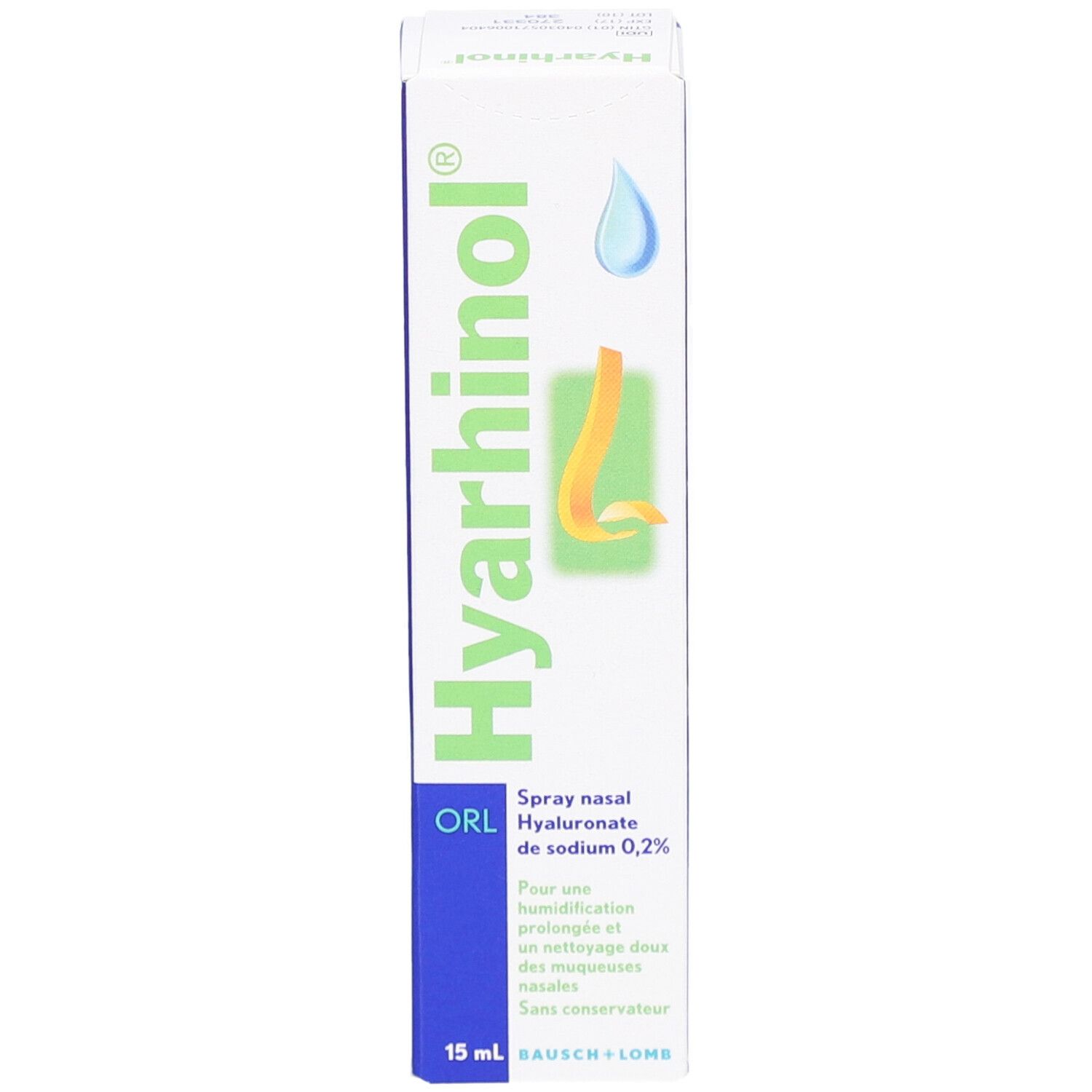 Doosje Hyarhinol ORL Spray Nasal. Opschrift: Spray nasal, Hyaluronate de sodium 0,2%. 15 ml. Logo.