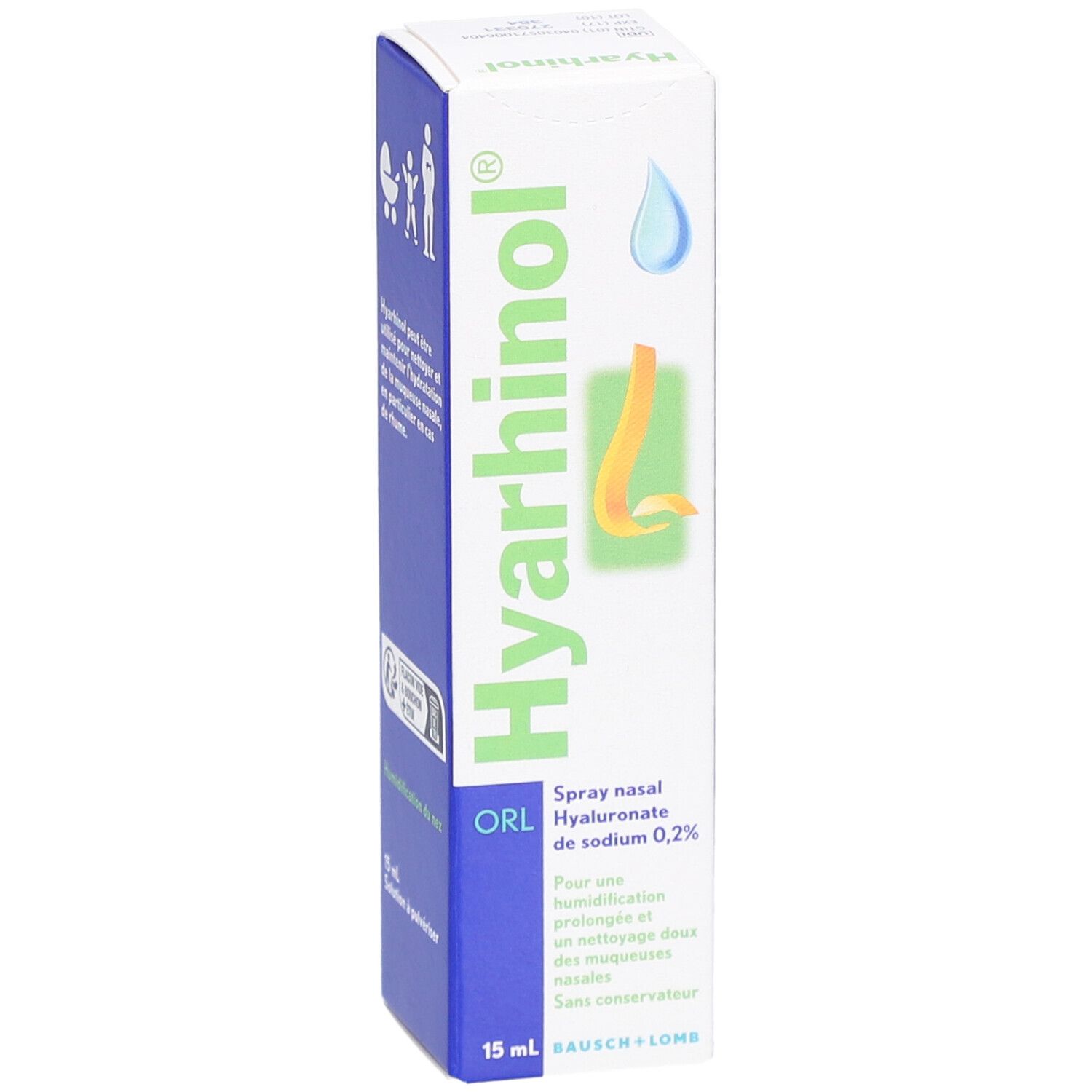 Doosje Hyarhinol ORL Spray Nasal. Tekst: Kan gebruikt worden voor reiniging en hydratatie van het neusslijmvlies. 15 ml. Logo.