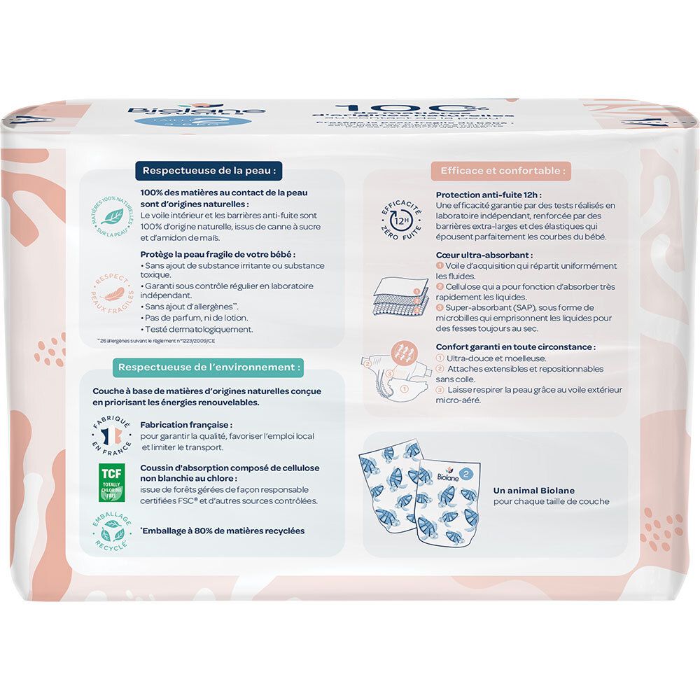 Achterkant van de Biolane luierverpakking. Informatie over materialen, kenmerken en certificeringen.