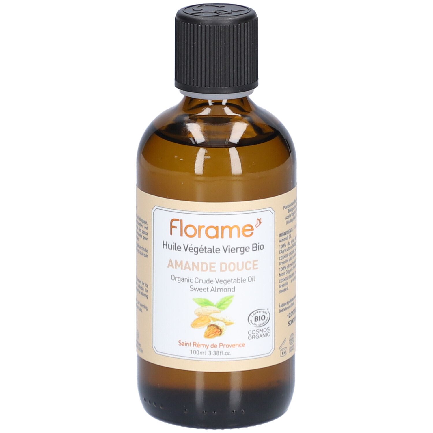 Bruine glazen fles met zwarte dop. Etiket met productnaam en biologisch keurmerk.