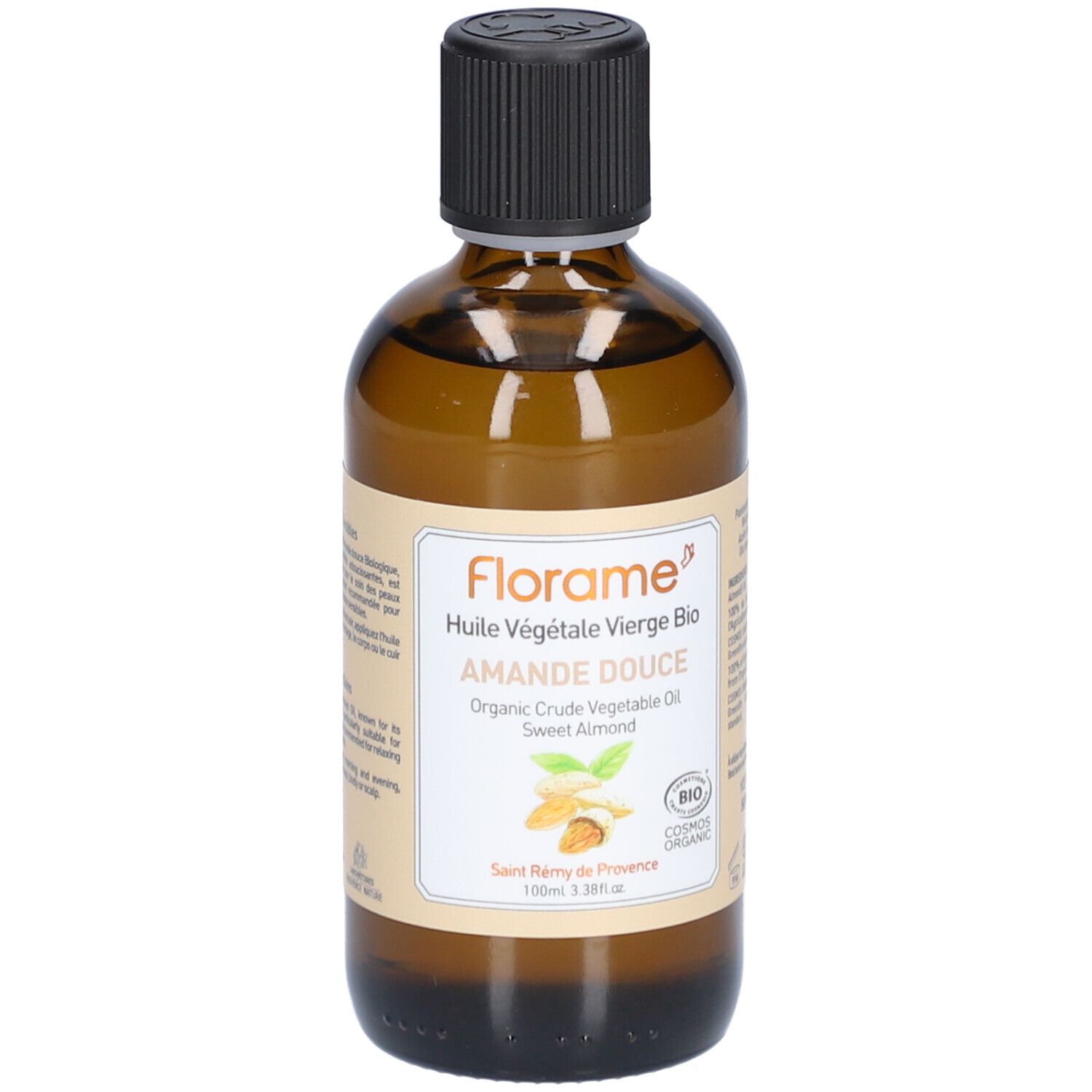 Bruine glazen fles met zwarte dop. Etiket met productnaam en biologisch keurmerk.