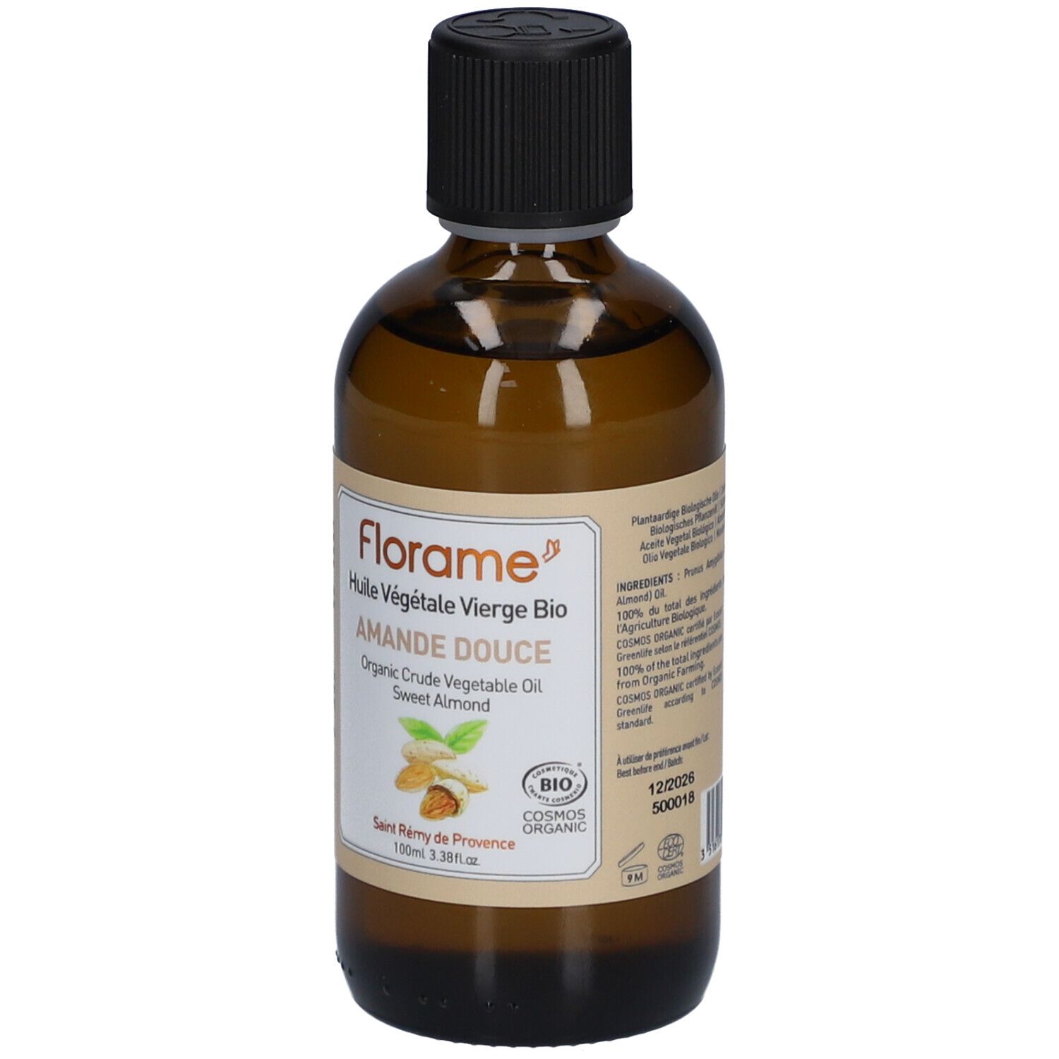 Bruine glazen fles met zwarte dop. Etiket met productnaam, biologisch keurmerk en overige informatie.