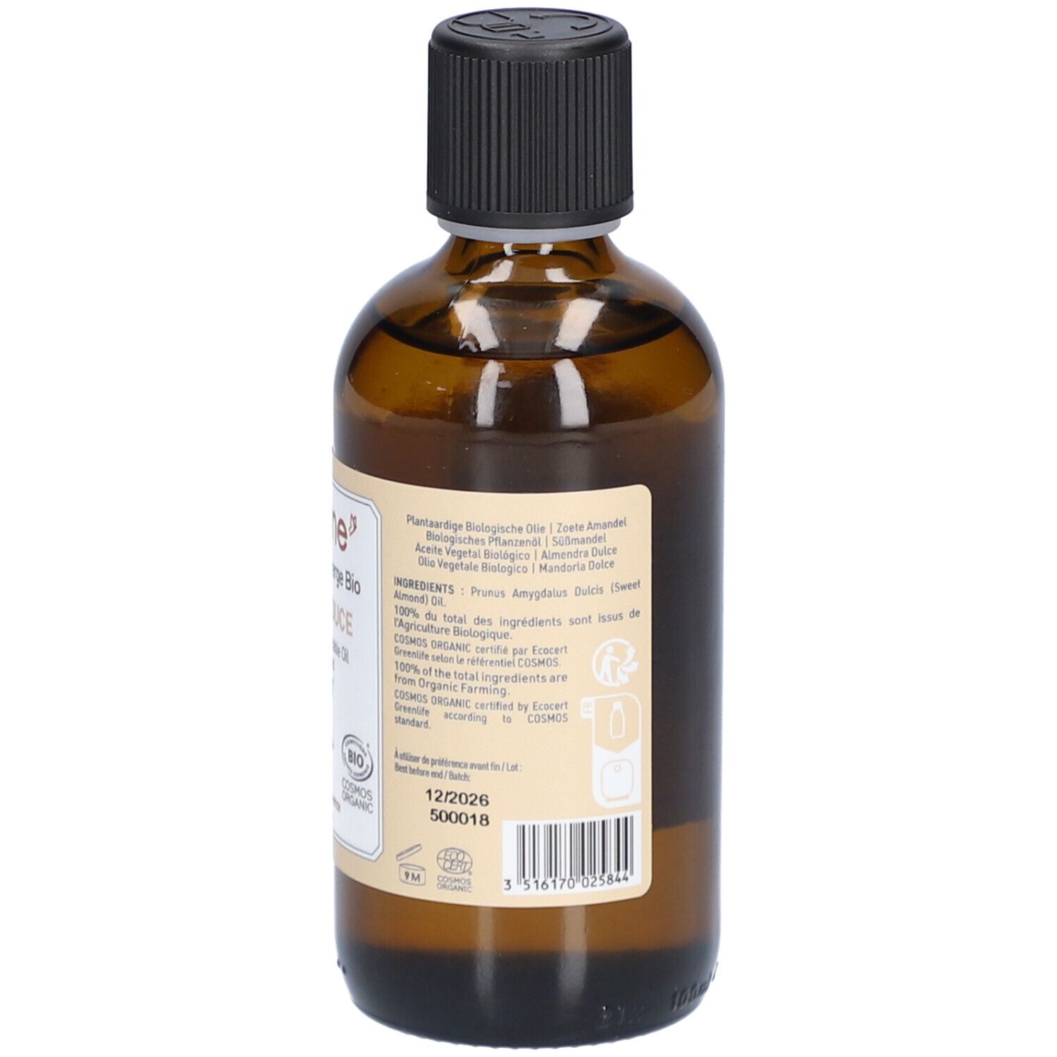 Achteraanzicht van de bruine glazen fles. Etiket met productinformatie, ingrediënten en biologisch keurmerk.