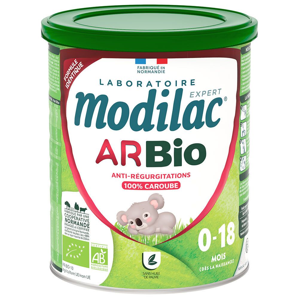 Modilac Expert AR Bio zuigelingenvoeding, 0-18 maanden, met koala-afbeelding.