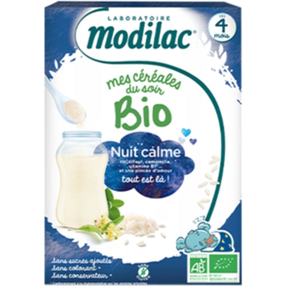 Modilac Mes Céréales du Soir Bio Nuit calme. Boîte de céréales pour bébés. Contient riz, camomille et vitamine B1. Certification bio.