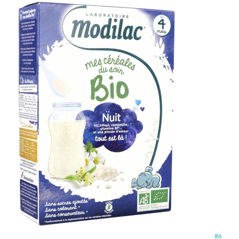 Modilac Mes Céréales du Soir Bio Nuit. Boîte de céréales pour bébés. Contient riz, camomille et vitamine B1. Certification bio.