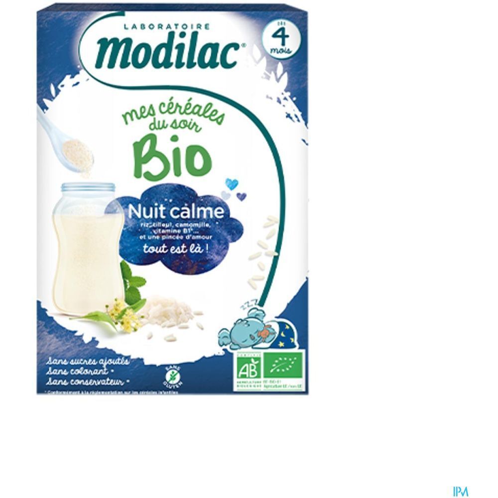 Modilac Mes Céréales du Soir Bio Nuit calme. Boîte de céréales pour bébés. Contient riz, camomille et vitamine B1. Certification bio.