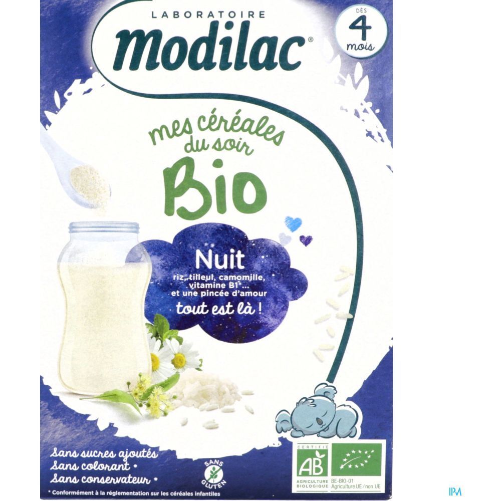 Modilac Mes Céréales du Soir Bio Nuit. Boîte de céréales pour bébés. Contient riz, camomille et vitamine B1. Certification bio.