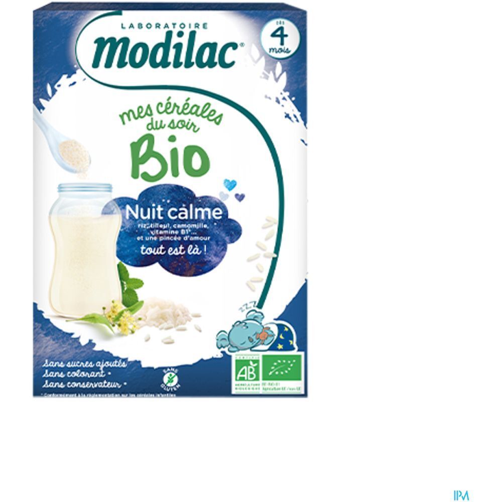 Modilac Mes Céréales du Soir Bio Nuit calme. Boîte de céréales pour bébés. Contient riz, camomille et vitamine B1. Certification bio.