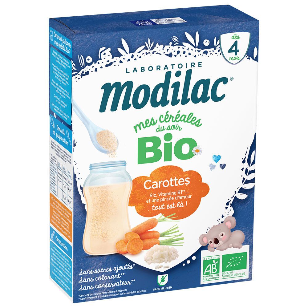 Boîte Modilac Mes Céréales Du Soir Bio - Carottes. Illustration produit, carottes, koala et labels bio. Dès 4 mois.