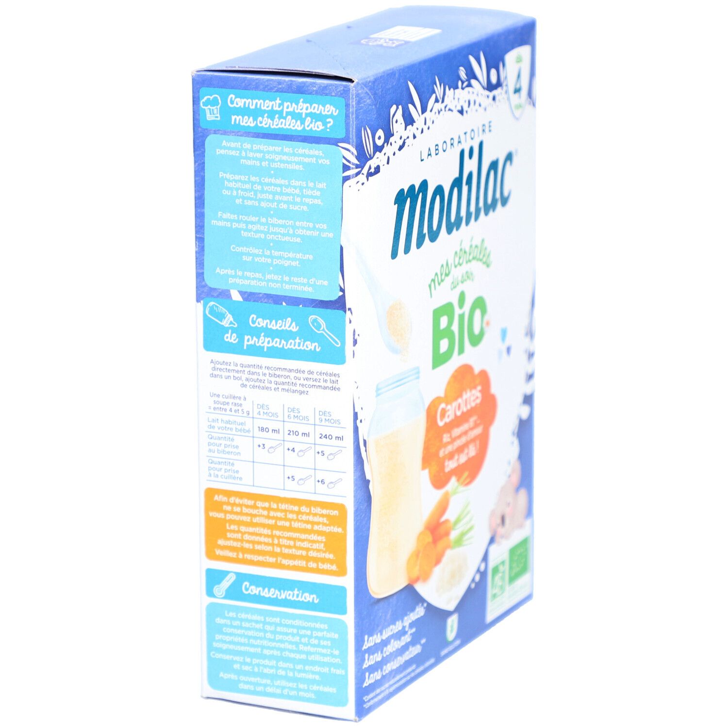 Boîte en carton, vue latérale. Inscription : Modilac, Mes Céréales du Soir Bio. Texte sur la préparation et la consommation.