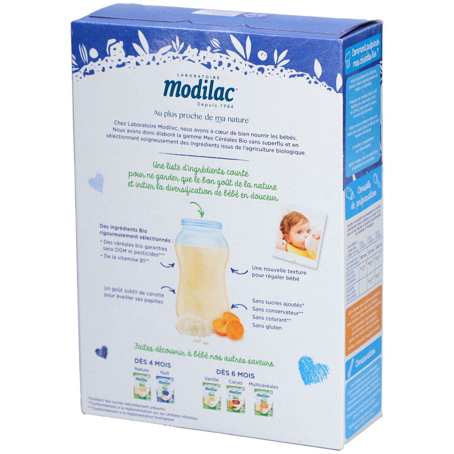 Dos de la boîte en carton. Inscription : Modilac, Mes Céréales du Soir Bio. Liste des ingrédients, label bio, photo de bébé.