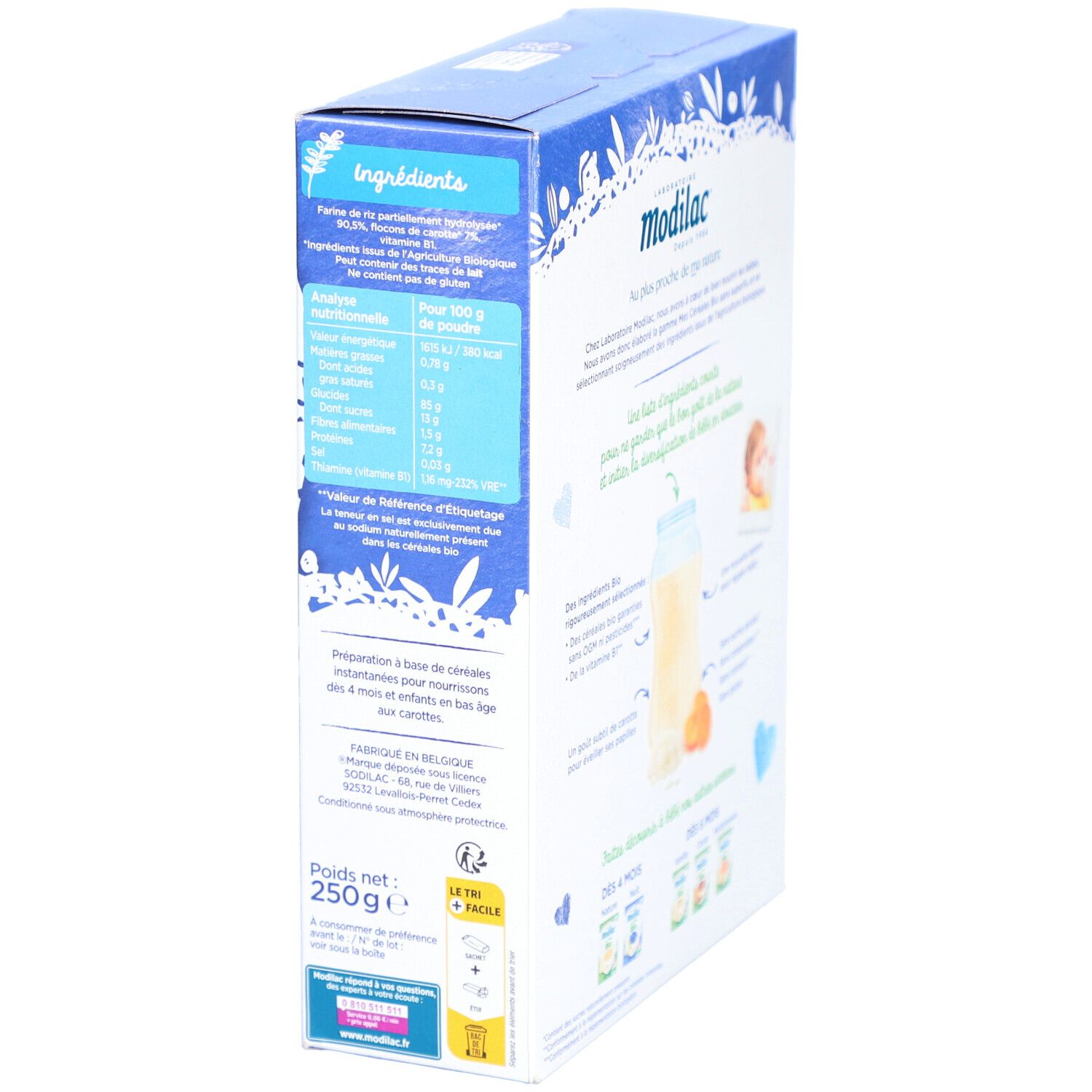 Boîte en carton, vue latérale. Inscription : Modilac, Mes Céréales du Soir Bio. Liste des ingrédients, valeurs nutritionnelles, label bio.