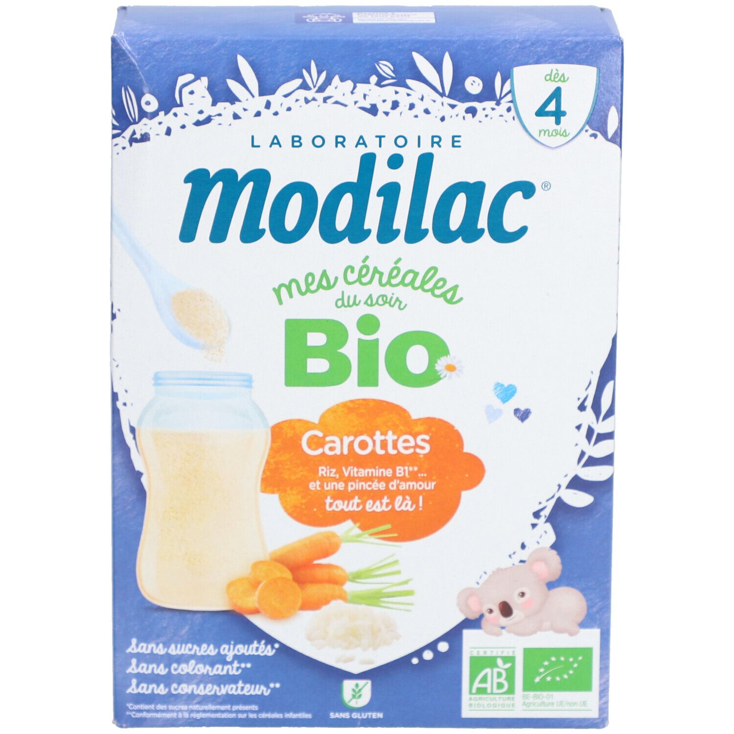 Boîte en carton avec illustration du produit. Inscription : Modilac, Mes Céréales du Soir Bio, Carottes. Label bio, dès 4 mois.