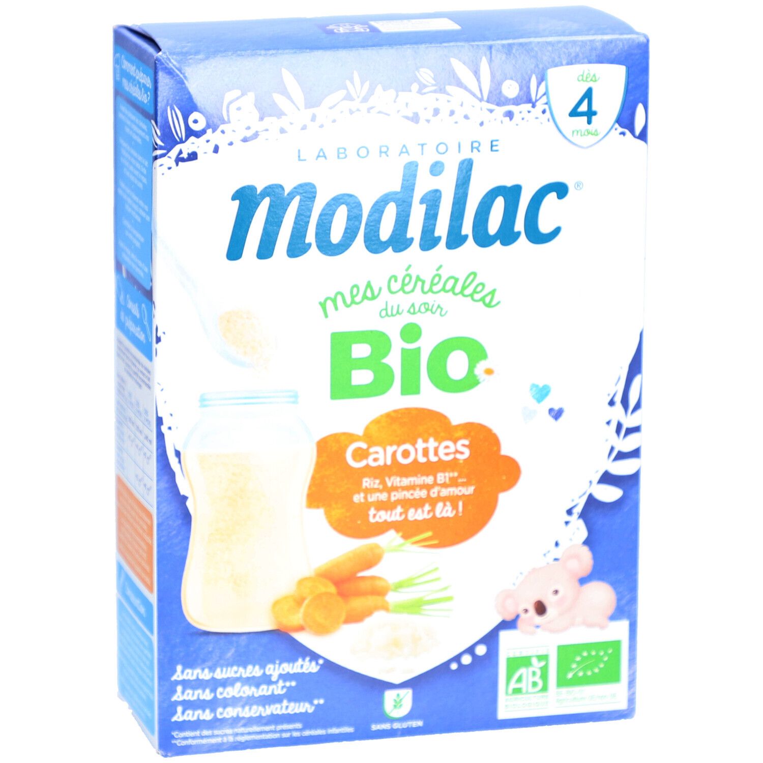 Boîte en carton avec illustration du produit. Inscription : Modilac, Mes Céréales du Soir Bio, Carottes. Label bio, dès 4 mois.