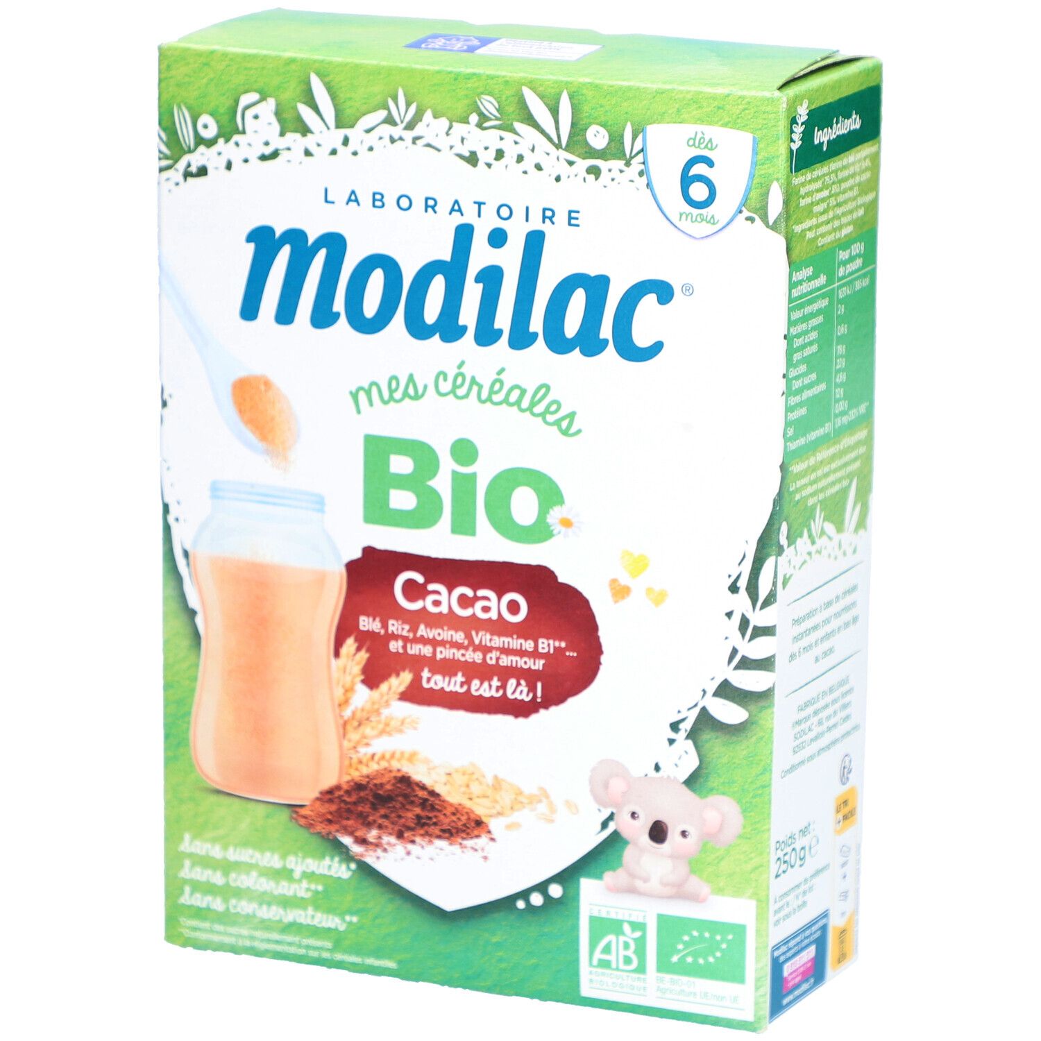 Boîte Modilac Mes Céréales Bio Cacao. Contient une certification bio. Pour 6 mois et plus. Contient avoine, riz, vitamine B1.