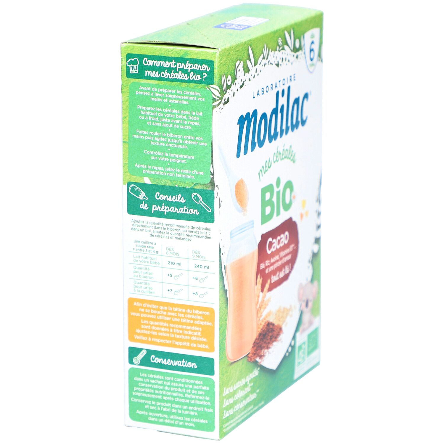 Vue latérale de la boîte Modilac Mes Céréales Bio. Contient des instructions de préparation et une certification bio. Dès 6 mois.