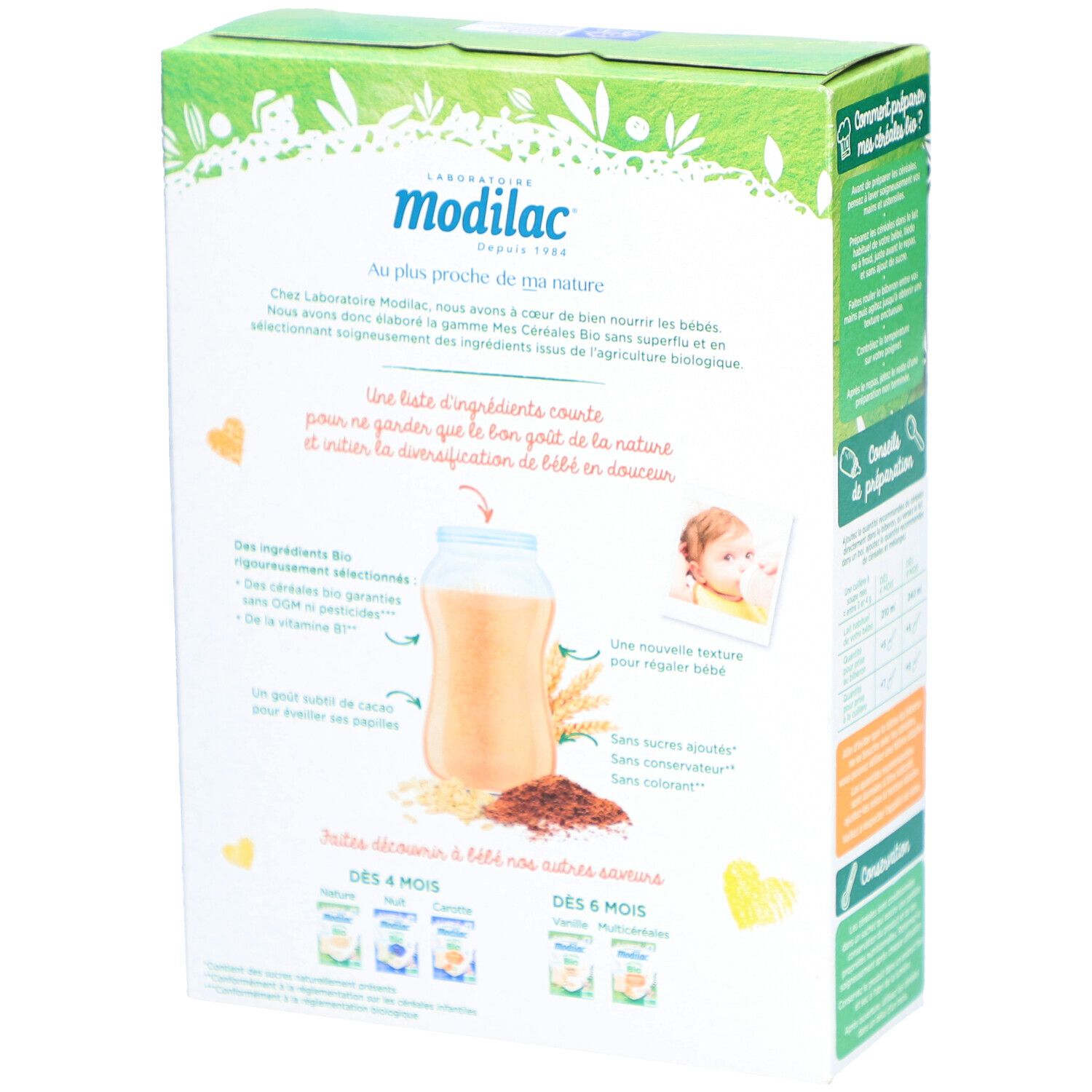 Dos de la boîte Modilac Mes Céréales Bio. Contient ingrédients, certification bio et informations de préparation.