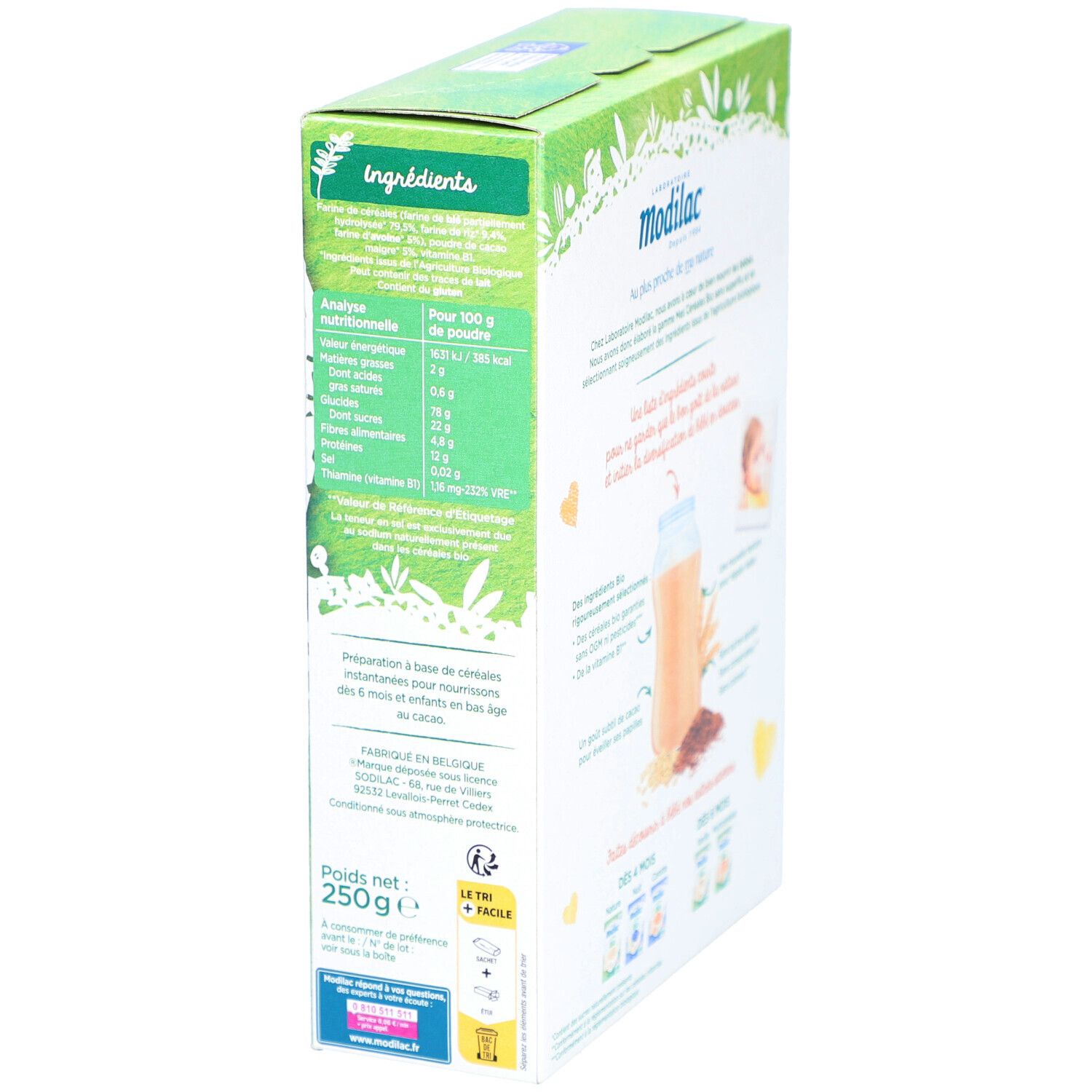 Vue latérale de la boîte Modilac Mes Céréales Bio. Contient informations nutritionnelles et ingrédients. 250g.