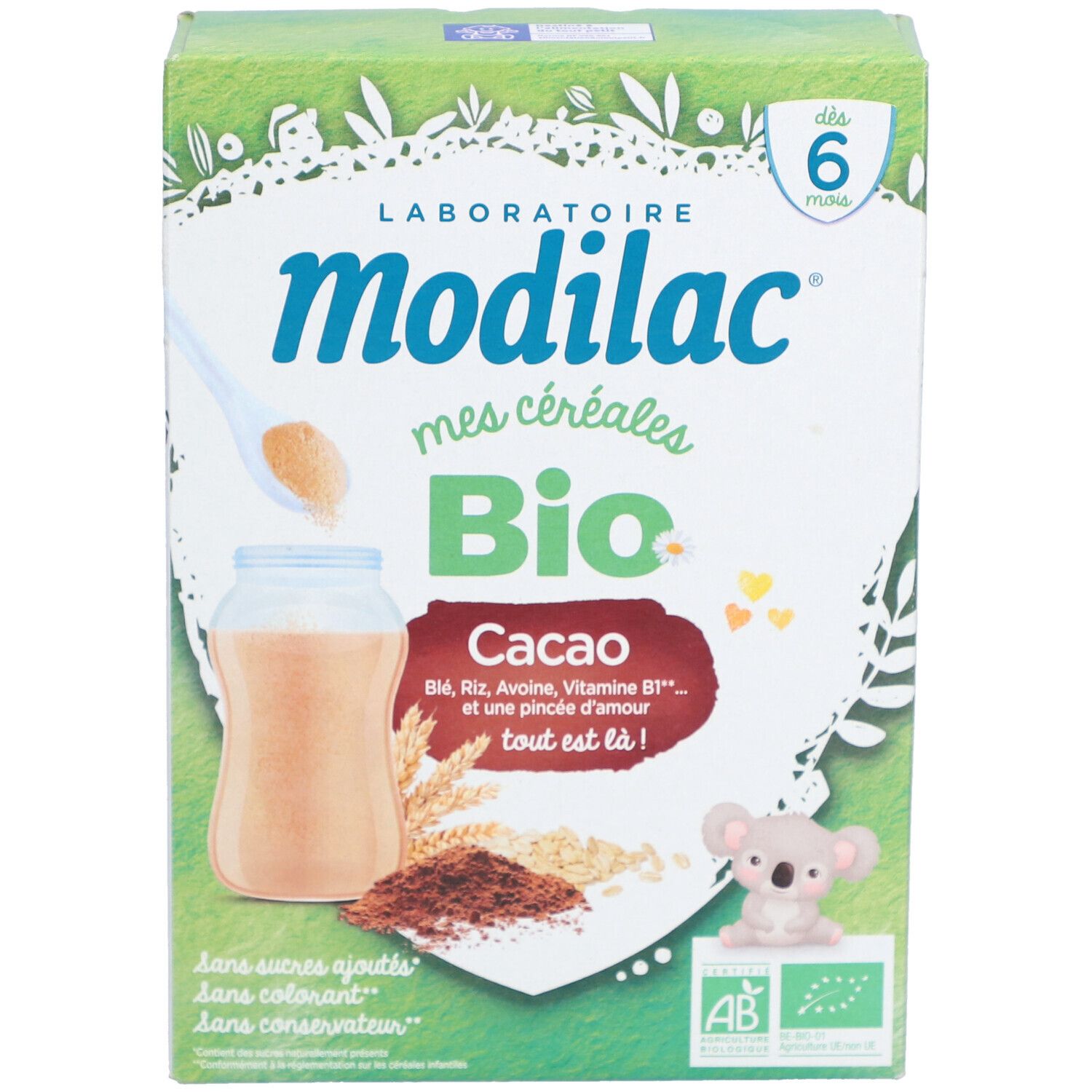 Boîte Modilac Mes Céréales Bio Cacao. Contient une certification bio. Pour 6 mois et plus. Contient avoine, riz, vitamine B1.