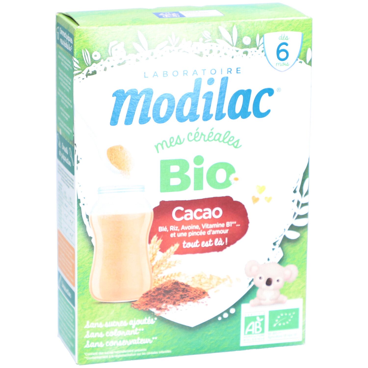 Boîte Modilac Mes Céréales Bio Cacao. Contient une certification bio. Pour 6 mois et plus. Contient avoine, riz, vitamine B1.