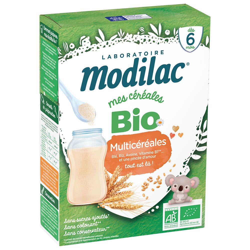Modilac Bio-meergranenverpakking. Bevat tarwe, rijst, haver, vitamine B1. AB- en Bio-certificering. Voor baby's vanaf 6 maanden.