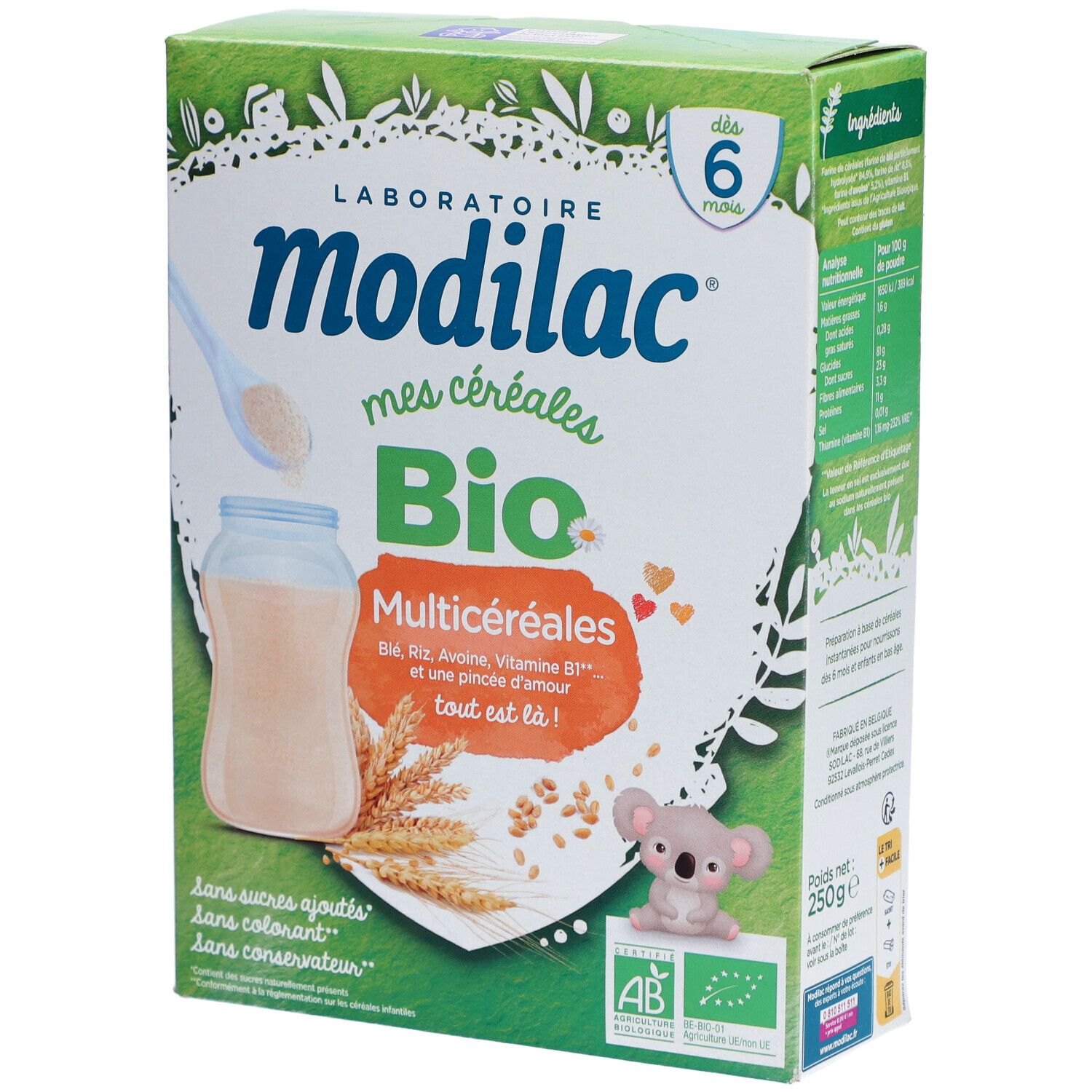 Boîte de céréales Bio Modilac. Contient des céréales bio pour bébés dès 6 mois. Illustration koala et label AB Bio.