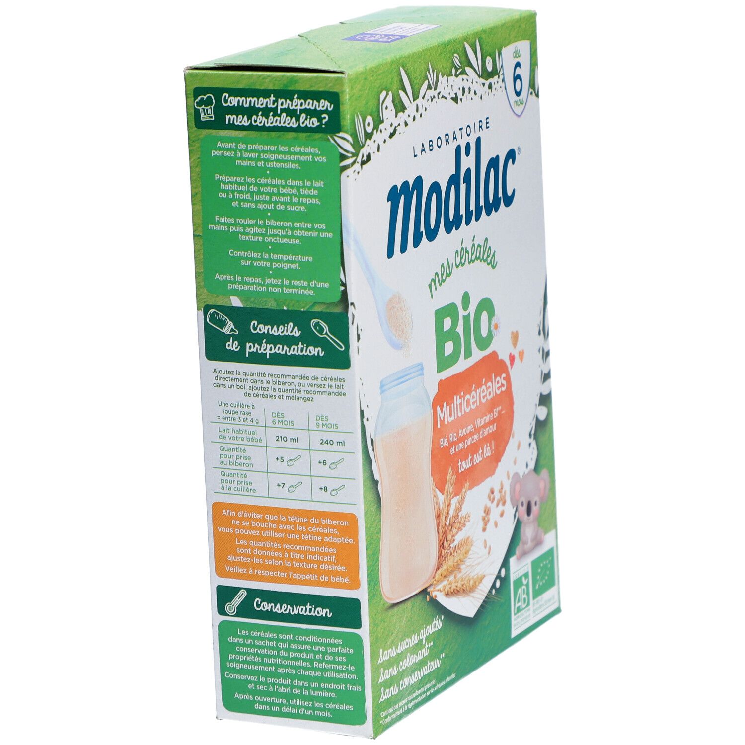 Boîte de céréales Bio Modilac en biais. Affiche des instructions de préparation et une illustration du produit. Koala et AB Bio.