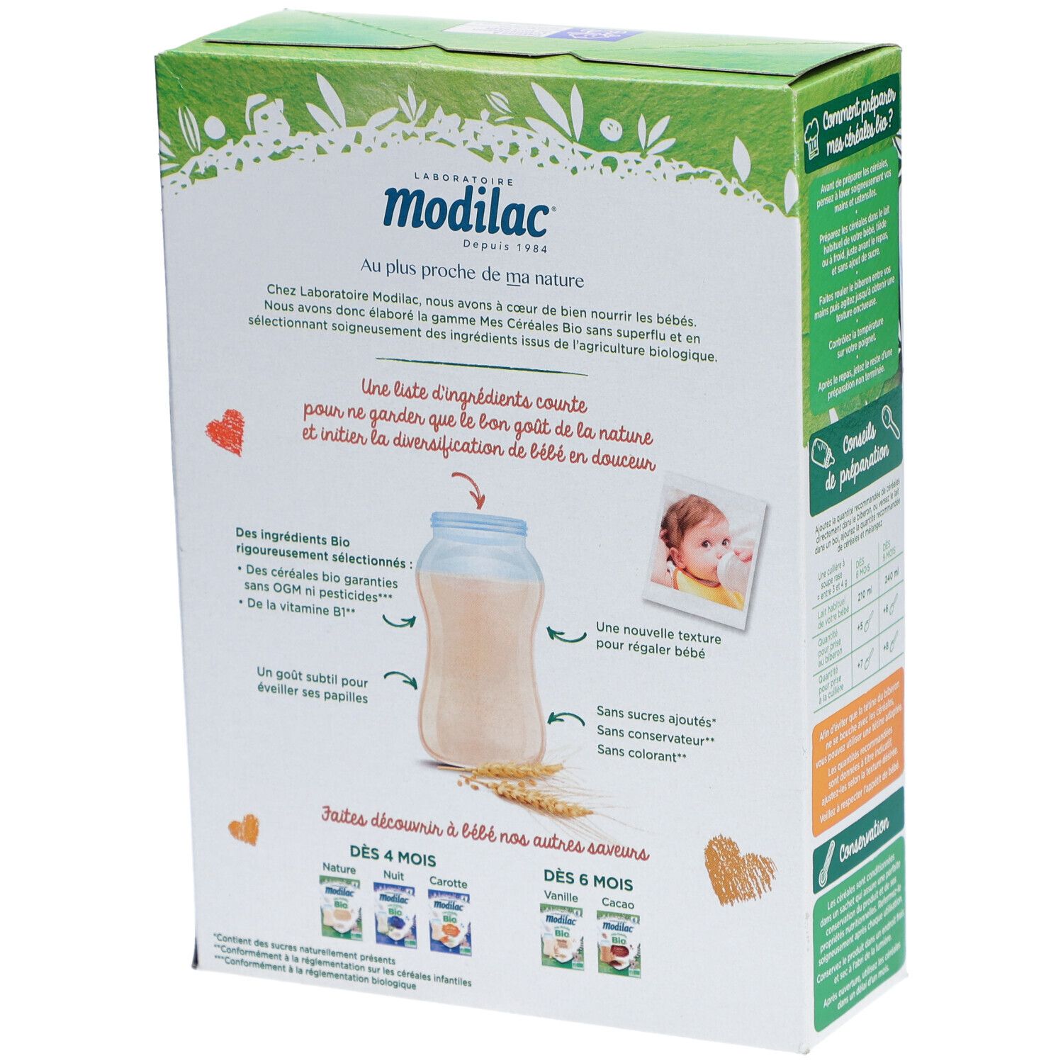 Dos de la boîte de céréales Bio Modilac. Contient des informations sur les ingrédients et la valeur nutritionnelle. Photo de bébé.