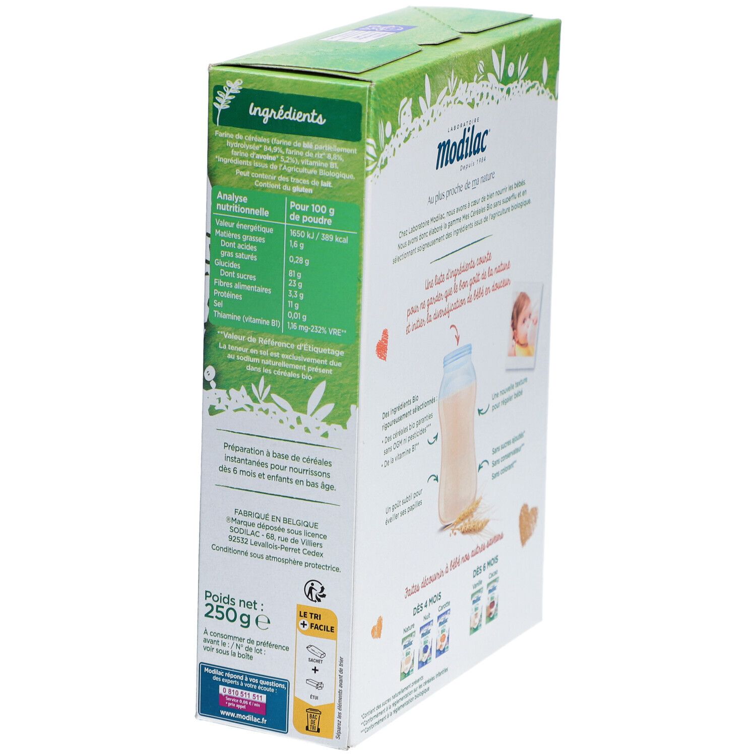 Boîte de céréales Bio Modilac en biais. Affiche l'analyse nutritionnelle et les instructions de préparation. Label AB Bio.