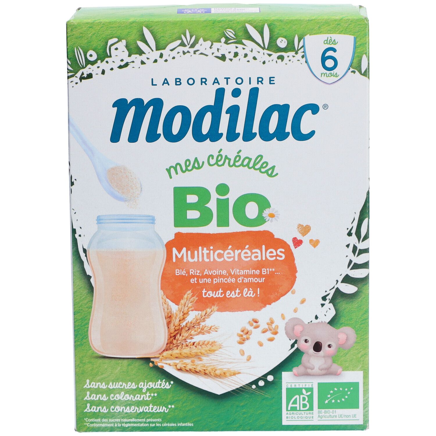 Boîte de céréales Bio Modilac. Vue de face avec illustration du produit, koala et label AB Bio. Pour bébés dès 6 mois.